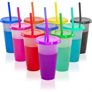 Mevronisshop-10 Pi&egrave;ces Tasses &Agrave; Couleurs Changeantes Avec Couvercles Et Pailles, 710ml Gobelets En Plastique R&eacute;utilisables Tasse &Agrave; Boire Pour Enfants Mignons Tasses De Voyage En Vrac De F&ecirc;te (10 Coul - Neuf