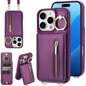 Maa-Coque Pour Iphone 15 Pro Max Coque Etui Avec Sangle Réglable Portefeuille En Cuir Anti-Rfid Pochette Magnétique Flip Case Étui Cover Housse Protection Avec Anneau-Violet Fonce - Neuf