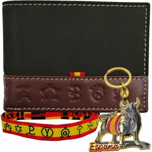 Portefeuille En Cuir Pour Homme Fabriqué Artisanalement En Ubrique Pour Hommes Et Jeunes,Avec Porte-Clés Et Bracelet À Thème Espagnol.,70 Nobuck Vert Tira-Ma/Ci-Hi,Medio,Moderne - Neuf