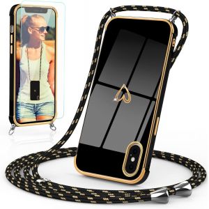 CAUC-Chaîne de téléphone portable - Coque de protection pour iPhone XS Max - Avec bande et film de protection - Protection de l'appareil photo - Coeur Love - 360 degrés - En silicone TPU - Avec - Neuf