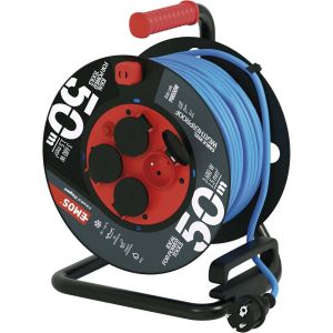 MEVRONISSHOP-enrouleur de c&acirc;ble d'exteri&eacute;ur, r&eacute;sistant au gel avec isolation en PVC durable, 50m de c&acirc;ble 1,5 mm2, 4 prises avec couvercles rabattables, IP44 &eacute;tanche pour l'ext&eacute;rieur, l'industrie, le - Neuf