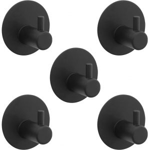 Lot De 5 Crochets Adh&eacute;sifs Extra Solides - En Acier Inoxydable - Sans Per&ccedil;age - Avec Pastilles Adh&eacute;sives - Ronds - Imperm&eacute;ables - Pour Salle De Bain,Toilettes,Cuisine - Noir - Neuf