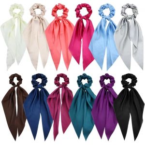 12 Pi&egrave;ces Solides Mousseline De Soie Satin Soyeux Cravates &Agrave; Long Ruban Noeud Queue Scrunchies Porte-Queue De Cheval Bandes &Eacute;lastiques Accessoires Pour Femmes Filles Ados - Neuf