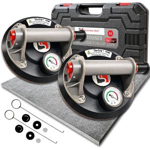 VornixorSarlshopTilerGrip+ - 2 Ventouses Carrelage 200mm avec Manom&egrave;tre &iquest; 320kg Ventouses Professionnelles pour Carreaux, Vitres, Gr&egrave;s C&eacute;rame &iquest; Forte Aspiration, Valise Incluse - Neuf