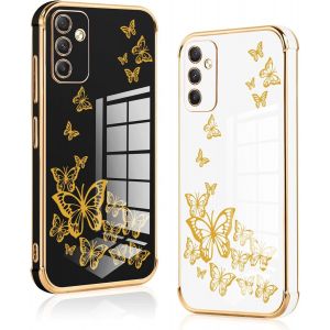 [2 Packs Coque Pour Samsung Galaxy A52s 5g/A52 4g/5g, Silicone Tpu Antichoc Housse, Étui Avec Motif Papillons Mignon Et Bordure Dorée Anti-Rayures Fille Femme Pour Samsung A52s 5g,Noir Et Blanc - Neuf