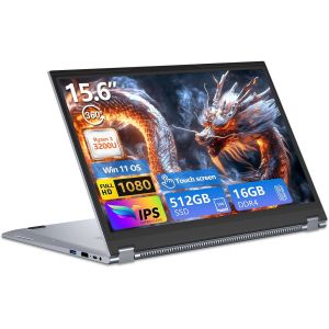 lbgwp60-Ordinateur Portable 2 En 1, 15,6 Pouces Win 11 Pc Portable Ryzen 3 3200U Cpu, Pc Portable 16Go Ddr4 512Go Ssd, Radeon Graphics Gpu, Laptop 360°Flip Ips Tactile Écran, Rj45+Typec+Mini-Hdmi+Usb - Neuf