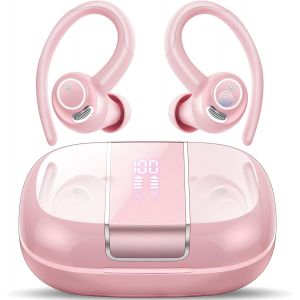 JGD-Ecouteurs Bluetooth sans Fil Sport, 48H &Eacute;couteurs Bluetooth 5.3 avec CVC8.0 Antibruit, IP7 &Eacute;tanche Oreillette Bluetooth Contr&ocirc;le Tactile, &Eacute;cran LED Casque Bluetooth pour Running/Gym Rose - Neuf