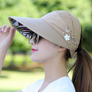 Chapeau De Soleil Pour Femme À Long Bord, Bloc De Protection Du Visage, Lumière Du Soleil, Anti-Uv, Trou De Queue De Cheval, Pliable, Réglable, Décoration Florale De Plage, Voyage En Plein Air, Jogging, Jardinage, Pêche-Kaki - Neuf