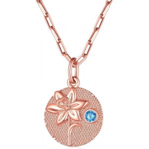 Kal-Collier Femme Plaqu&eacute; Or Personnalis&eacute; Pendentif M&eacute;daille Ronde Orn&eacute; De Motif Fleur En Relief Et Pierre De Naissance Synth&eacute;tique, Bijoux D'anniversaire - Neuf