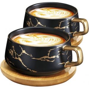 Lot De 2 Tasses À Cappuccino Avec Soucoupe,Tasse En Marbre,300 Ml,En Porcelaine,Pour Thé,Café,Cappuccino,Tasses À Café Avec Disque En Bois,Noir - Neuf