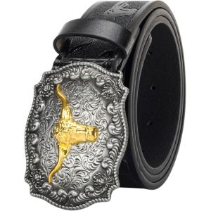 Cauc-Ceinture &Agrave; Boucle De Cow-Boy En Cuir Occidental Pour Hommes, Femmes, Jeans, Ceinture &Agrave; Boucle Florale Grav&eacute;e Longhorn Bull Texas (Taille De 69 &Agrave; 104 Cm) - Neuf