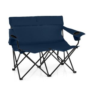 Chaise De Camping Double 132 X 66 X 96 Cm Avec Porte-Gobelets Confortable Design Moderne En Tissu Oxford Bleu Helloshop26 20_0011135 - Neuf