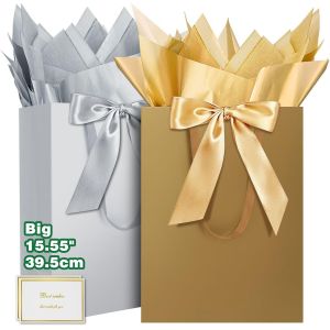 Grand Sac Cadeau, 15.55"" Papier Emballage Cadeau Anniversaire, Carré Pochette Cadeau Ggrand Format Enfant 39.5 * 30 * 12cm Avec 1 Cartes 1 Mouchoirs Pour Fête D'anniversaire 2 Pièces G - Neuf