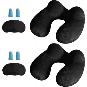 nzqaf-Oreiller de Voyage Gonflable avec Double Vanne,Coussin de Cou Gonflable de Velours Doux et Housse Lavable avec Bouchon d'oreille et Masque pour Les Yeux - Neuf