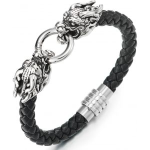Eryi-Dragon Cuir Bracelet - Hommes Et Femmes Acier Inoxydable Cuir Tressé Envelopper Bracelet Avec Deux Dragon Tête Et Anneau - Neuf