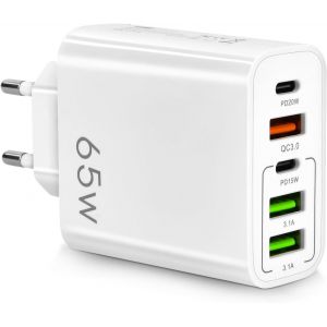 65w 5 Ports Usb C Multiple Charger, Qc3.0, Pd Adapter, Fast Mobile Phone Charger Compatible With Samsung, Xiaomi - Neuf
