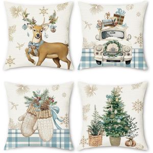 Cauc-Housse De Coussin No&euml;l Hiver Renne Gants Sapins De No&euml;l Camion Bleu 45 X 45 Cm Polyester Lin D&eacute;coratif Taie D'oreiller Pour Canap&eacute; Salon Chambre Jardin Maison D&eacute;coration 4 Pi&egrave;ces - Neuf