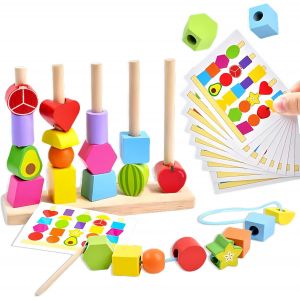 Montessori 2 in 1 Stringing Toys for Kids Beads Thread Shape Match Game Wooden Stacking Blocks Fine Motor Development - Neuf