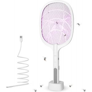 Raquette Électrique Insectes, 3800V Usb Rechargeable Raquette Moustique Electrique, Piable Tapetteà Mouche À Lumière Uv 2 En 1, Raquette Moustique Avec Base De Recharge Pour Intérieur Extérieur - Neuf