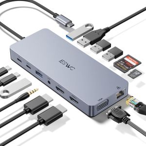 Docking Station Usb C, 14-En-1 Dock Usb C Vers Dual Hdmi, Vga, Ethernet, Mulit Usb 3.0&2.0, 100W Pd, Type-C Data, Sd/Tf, Aux Jack Pour Windows 11, 10, Mac Os, And Ipad Os - Neuf