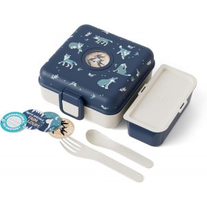 Sjzg-- Boite A Sandwich Enfant Snacky Bleu Wolf - Lunch Box Enfant Pour Sandwich Entier - Couverts Inclus - Boite A Gouter Personnalisable - Id&eacute;al Pour &Eacute;cole/Pique-Niques - Sans Bpa - Loup - Neuf