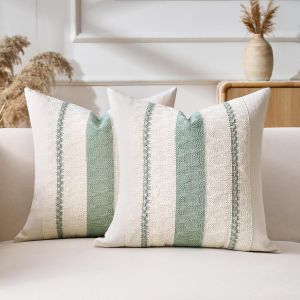Cauc-Housse Coussin 40x40 Vert Sauge Boh&egrave;me Textur&eacute;e &Agrave; Rayures Tiss&eacute;es D&eacute;coratives Moderne Boho Housse De Coussin Canap&eacute; Pour Maison Salon Chambre D&eacute;coration Lot De 2 - Neuf