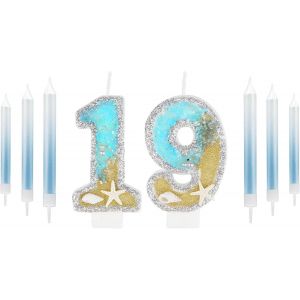 Eryi-Décoration De Gâteau D'anniversaire En Forme De Chiffre 19 Bleu Pour Garçons Et Filles - Bougies Bleues Argentées Pour Hommes Et Femmes - Décorations De Fête D'anniversaire - Fournitures De Mari - Neuf