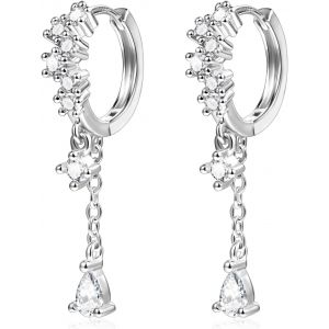 Chenquansarl-Boucles D'oreilles Cr&eacute;oles En Argent 925 Avec Pendentif, Petites Boucles D'oreilles Rondes En Argent 925 Avec Zircone Cubique Pendantes, Boucles D'oreilles Pendantes En Argent Avec Cha&icirc;n - Neuf