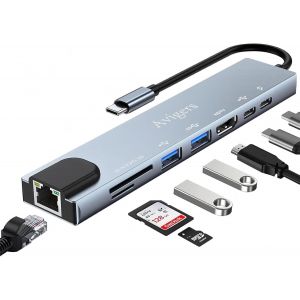 Hub USB C, 8 en 1 Adaptateur USB C avec RJ45 Ethernet, 4K HDMI, 100W PD, Lecture de Carte SD/TF, 2 Ports USB 3.0, Type C Adaptateur Multiport pour MacBook Pro/Air, iPad Pro, iMac, Série iPhone16/15 - Neuf