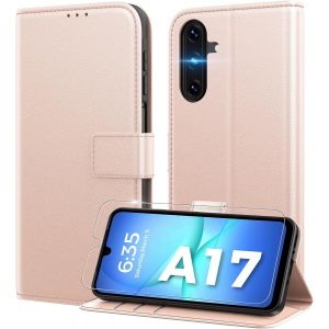 CAUC-Coque pour Samsung Galaxy A17 5G [Verre Tremp&eacute; Protection] [Blocage du Signal RFID] [Premium PU] [Pochette de Portefeuille] Etui &agrave; Rabat pour Samsung A17 -Rose - Neuf