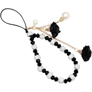 Kal-Chaîne De Téléphone Portable Avec Strass Et Fleurs - Pendentif Pour Téléphone Portable - Chaîne De Téléphone Portable - Cordon De Suspension - Pour Femme - Noir - Neuf