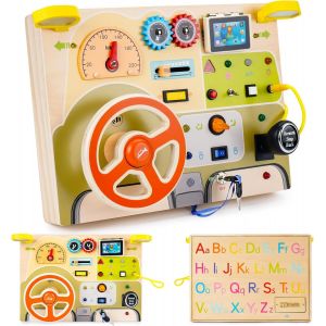 KAJGL-Jouet Montessori Busy Board,Jouet D'Activit&eacute;s D&egrave;s 1 An Avec Volant Simul&eacute; Et Interrupteurs Led,Jouet Sensoriel En Bois Pour Gar&ccedil;ons Et Filles De 1,2,3 Et 4 Ans - Neuf