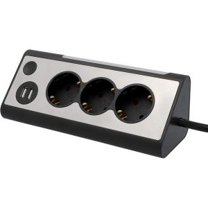 Multiprise d'angle 2 prises de charge USB 3 prises Éclairage LED Interrupteur tactile Façade en acier inoxydable - Neuf