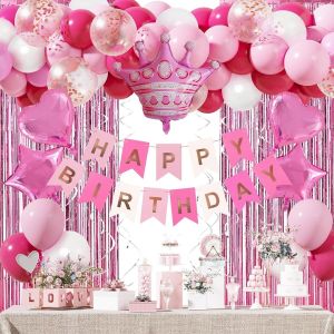 CAUC-Decoration Anniversaire Fille Femme, Deco Anniversaire Rose Blanc, Ballons Anniversaire avec Banderole Joyeux Anniversaire Ballon Confetti D&eacute;coration, Rideaux &agrave; franges, ballons de la Couronne - Neuf