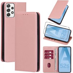 SJZG-Coque Cuir Pour Samsung Galaxy A52S 5G/A52 4G/5G Avec 1 Verre Tremp&eacute; Etui &Agrave; Rabat En Pu Porte-Cartes Portefeuille Support Flip Housse Magn&eacute;tique Antichoc Anti-Rayures Case 6.5"",Rose-Gold - Neuf