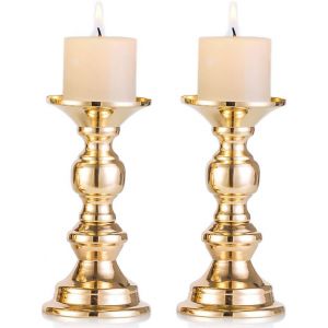 Lot de 2 bougeoirs piliers en métal pour centre de table de mariage, idéal pour les mariages, les événements spéciaux, les fêtes et le salon (doré) - Neuf