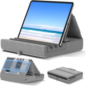 Coussin de Support pour Tablette, Support Ipad Pliable pour Lit, Genoux, Bureau Oreiller Repose Tablette avec Pochette & Support de Stylet pour Ipad Pro 12.9 10.5 9.7 Air Mini 6 5 4, Gris - Neuf