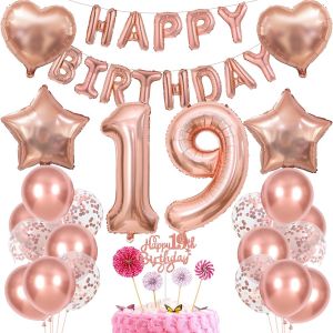 ERYI-Décoration 19E Anniversaire Fille Gâteau Décoration 19 Anniversaire Fille Décoration Cadeau Pour 19E Anniversaire Fille Or Rose Anniversaire 19 Fille 19 Ans Anniversaire Décoration Ballon 19 Ann - Neuf
