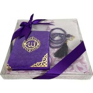 Coffret Cadeau Musulman - Tapis de pri&egrave;re - Tasbih 99 perles - Livre de sourate - Violet - Neuf