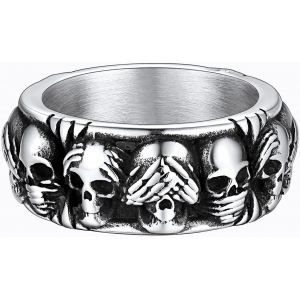 Tianyi-Bague Homme Acier Inoxydable Chevalière Homme Tête De Mort Taille 54-71.5, Ne Rien Entendre Rien Voir Rien Dire Chevalière Crâne Bijoux Anneau Gothique Biker - Neuf