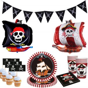 TRAHOO-Décoration Anniversaire Pirate - Kit Vaisselle et Fournitures de Fête Avec Ballons, Bannière, Assiettes, Serviettes et Décorations de Gâteau - Thème Pirate Pour Enfant Garçon Fille - Neuf