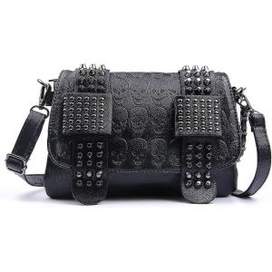 Sac a bandouliere en cuir PU pour femme, imprime tete de mort, style gothique, portefeuille long avec chaine - Neuf