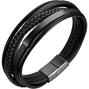 Kal-Bracelet Personnalis&eacute; Avec Gravure : Hommes Vintage Brillant Bracelet Homme Bracelet Multicouche Tress&eacute; En Cuir Corde Acier Inoxydable Bracelet Homme Gravure Longueur 21 Cm - Neuf