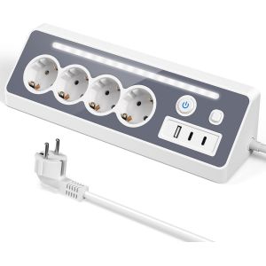 Multiprise de Bureau, 4 Prises avec USB et 2 Types C, 16 A, 3680 W, 2 Interrupteurs, Protection Surtension LED, Multiprise Cuisine Bureau - Neuf