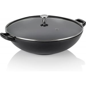 Subzonal-Wok En Fonte Avec Couvercle En Verre 36 Cm Calido, Po&ecirc;le &Agrave; Wok &Agrave; Induction, Po&ecirc;le &Agrave; Wok Avec Couvercle, &Eacute;maill&eacute;e, Noire - Neuf