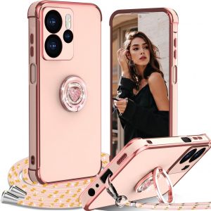 Kal-Coque Avec Cordon Pour Xiaomi Redmi Note 14 5g, Avec Anneau De Support Coeur, Étui Housse Antichoc Souple Silicone Tpu Bumper Portable Protection Case Avec Amovible Collier, Rose - Neuf