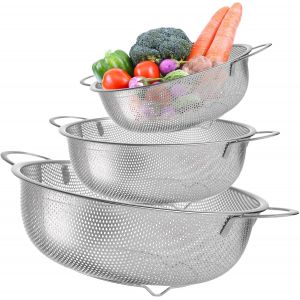 Eryi-3pcs Passoire De Cuisine, Passoires En Acier Inox Microperforée Avec Poignées, Pour Égoutter Et Filtrer Les Pâtes, Riz, Fruits, Légumes, Passe Au Lave-Vaisselle, 16/22/28 Cm - Neuf