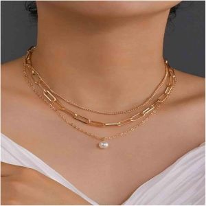 Kal-Chaîne De Collier Pendentif Perle De Bohême Collier De Chaîne De Trombone En Couches Collier De Chaîne De Clavicule De Perle Vintage Collier En Couches D'or Chaîne Bijoux Pour Femmes Et Filles - Neuf