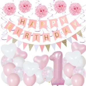 ERYI-1 Ans Décorations Anniversaire De Fête En Rose, Ballon De Confettis, Ballon En Film D'Aluminium 1 Ans, Pompon En Papier, Bannières De Joyeux Anniversaire Pour 1 Ans Ème Anniversaire Fille Decor - Neuf