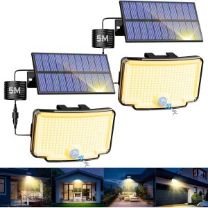 Lumiere Exterieur Detecteur De Mouvement 318 Led, 3 Mode Lampe Solaire Ext&eacute;rieur, &Eacute;tanche Eclairage Exterieur Avec C&acirc;ble De 5m Pour Jardin Murale Outdoor Blanc Chaud [Lot De 2] - Neuf